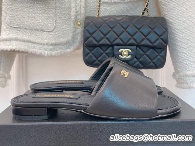 Pretty Style Chanel Lambskin Flat Slide Sandals Black 070109