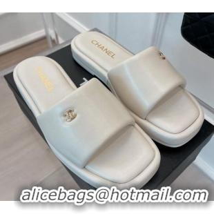 Top Grade Chanel Lambskin Flat Slide Sandals White 070110