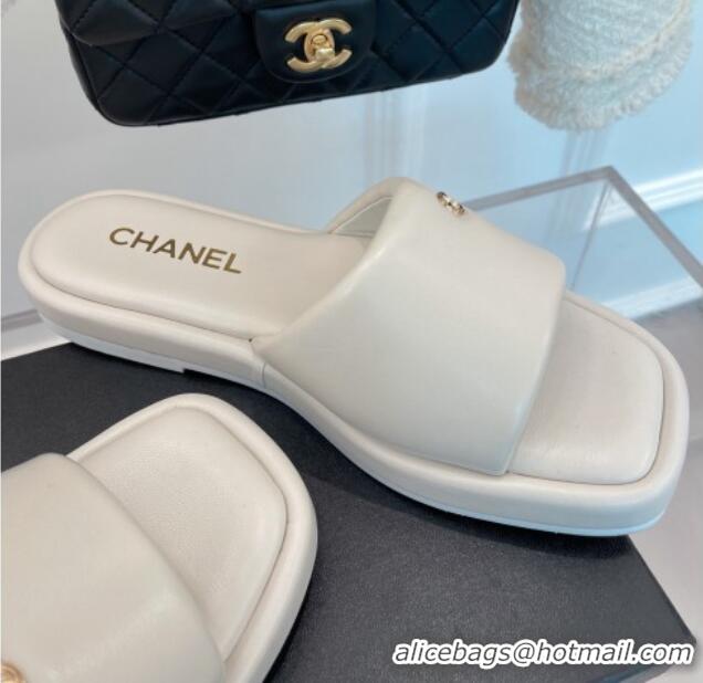 Top Grade Chanel Lambskin Flat Slide Sandals White 070110