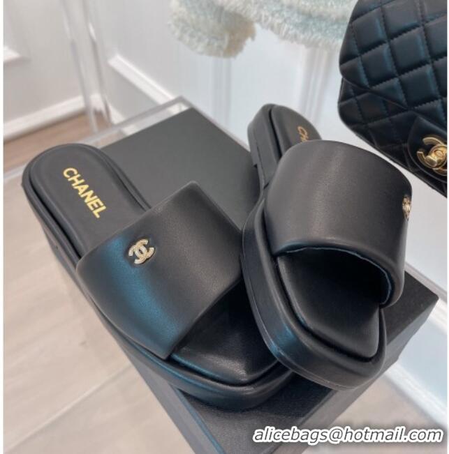 Most Popular Chanel Lambskin Flat Slide Sandals Black 070111