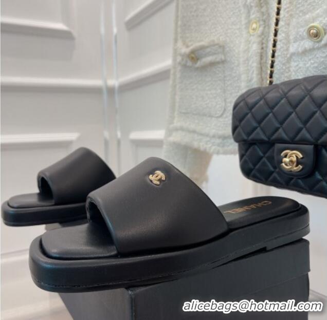 Most Popular Chanel Lambskin Flat Slide Sandals Black 070111