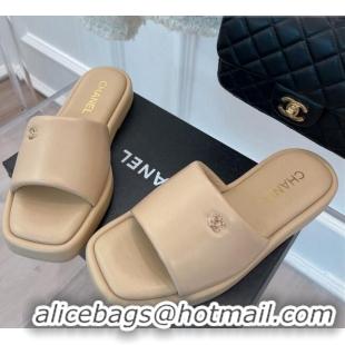 Good Quality Chanel Lambskin Flat Slide Sandals Beige 070112