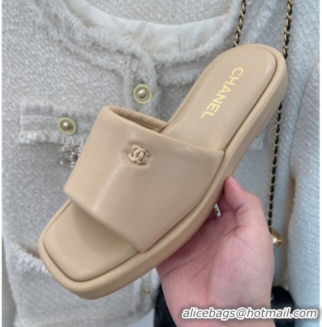 Good Quality Chanel Lambskin Flat Slide Sandals Beige 070112