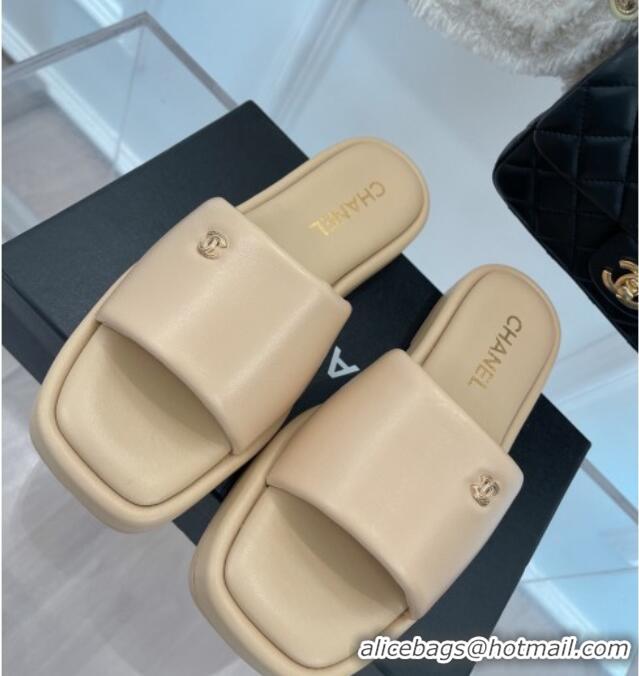 Good Quality Chanel Lambskin Flat Slide Sandals Beige 070112