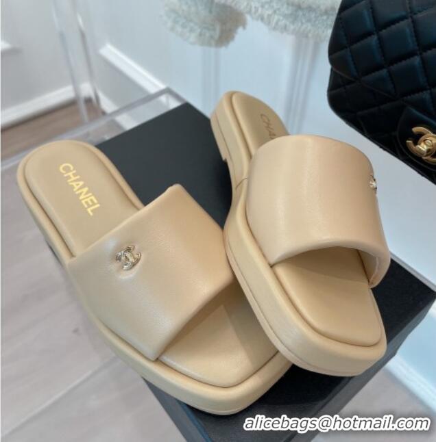 Good Quality Chanel Lambskin Flat Slide Sandals Beige 070112