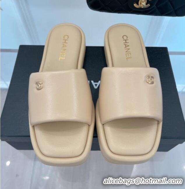 Good Quality Chanel Lambskin Flat Slide Sandals Beige 070112