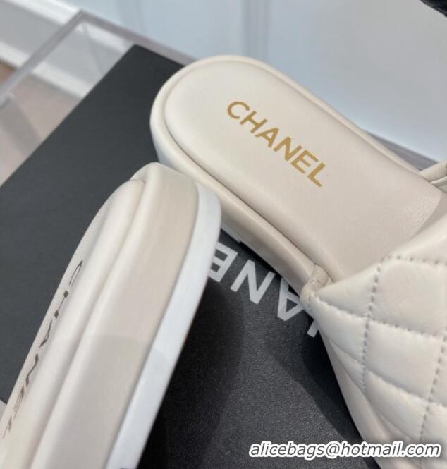 Shop Duplicate Chanel Stone CC Lambskin Flat Slide Sandals White 070113