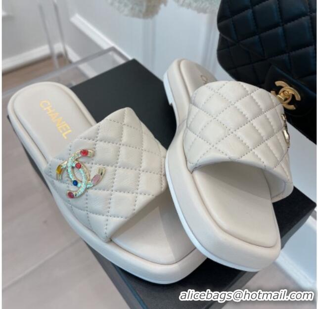 Shop Duplicate Chanel Stone CC Lambskin Flat Slide Sandals White 070113