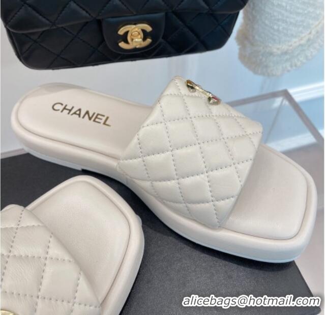 Shop Duplicate Chanel Stone CC Lambskin Flat Slide Sandals White 070113