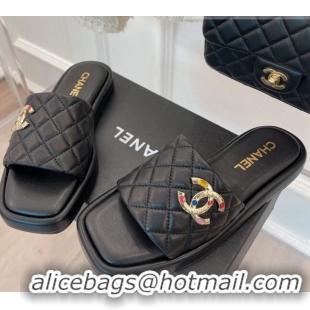 Discount Chanel Stone CC Lambskin Flat Slide Sandals Black 070114