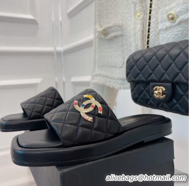 Discount Chanel Stone CC Lambskin Flat Slide Sandals Black 070114