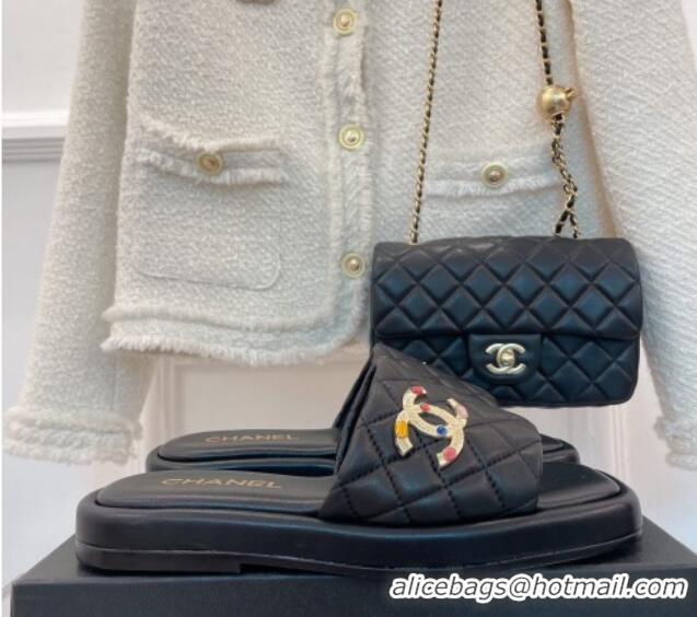 Discount Chanel Stone CC Lambskin Flat Slide Sandals Black 070114