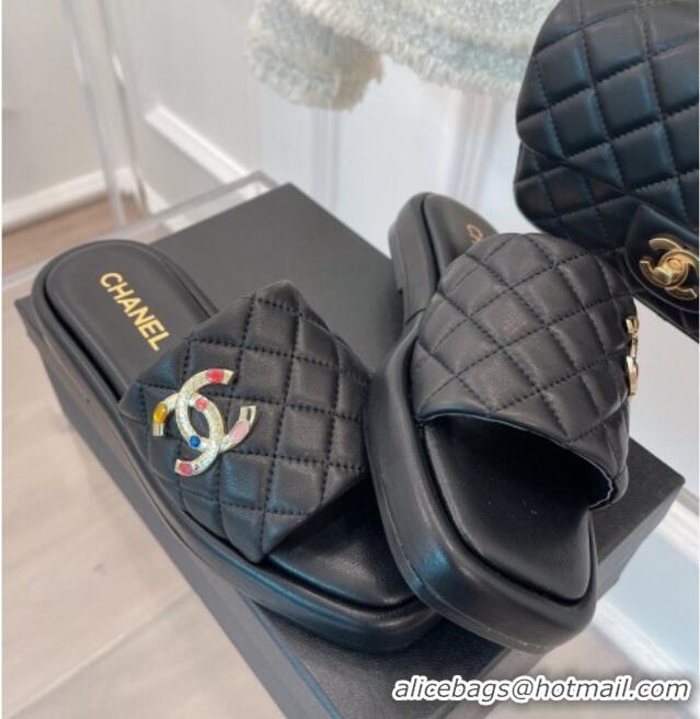 Discount Chanel Stone CC Lambskin Flat Slide Sandals Black 070114