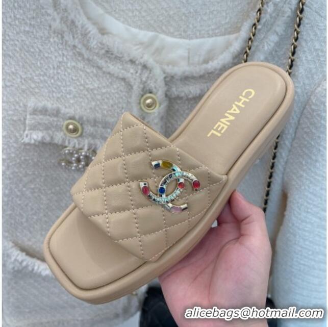 Popular Style Chanel Lambskin Flat Slide Sandals Beige 070115