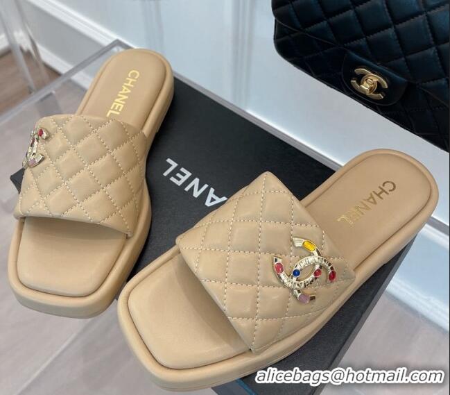 Popular Style Chanel Lambskin Flat Slide Sandals Beige 070115