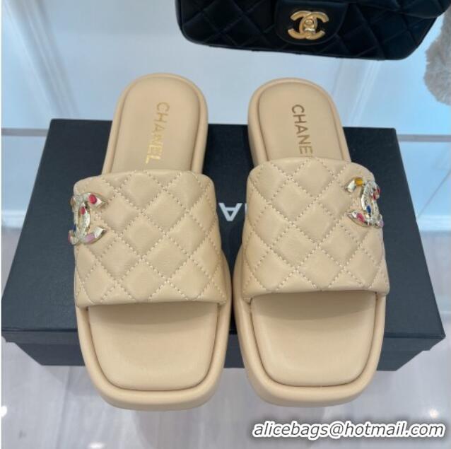 Popular Style Chanel Lambskin Flat Slide Sandals Beige 070115