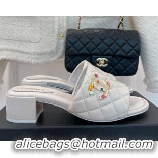 Luxury Chanel Stone CC Lambskin Heel Slide Sandals 5cm White 070116