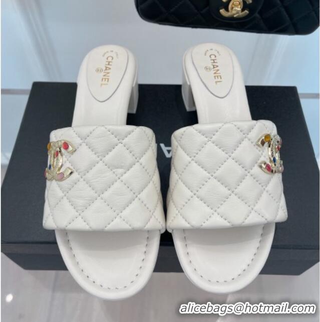 Luxury Chanel Stone CC Lambskin Heel Slide Sandals 5cm White 070116