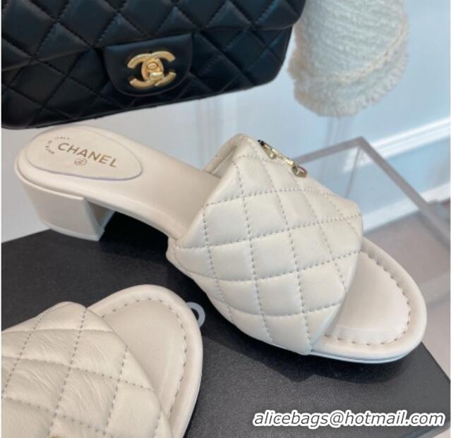 Luxury Chanel Stone CC Lambskin Heel Slide Sandals 5cm White 070116