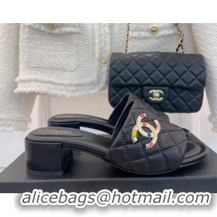 Grade Quality Chanel Stone CC Lambskin Heel Slide Sandals 5cm Black 070117