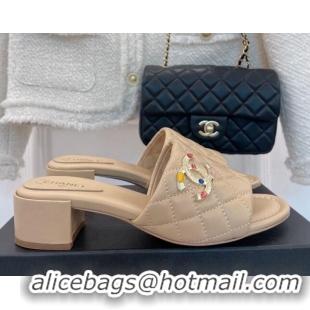 Fashion Chanel Stone CC Lambskin Heel Slide Sandals 5cm Beige 070118