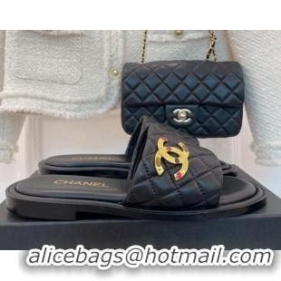 Luxury Chanel Stone CC Lambskin Flat Slide Sandals G38794 Black