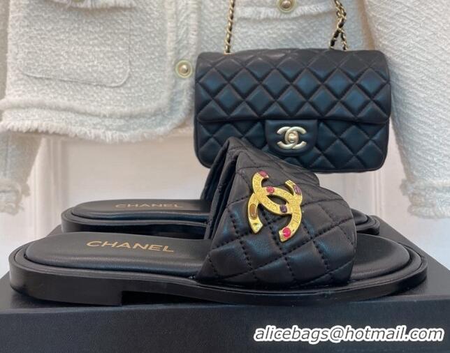 Luxury Chanel Stone CC Lambskin Flat Slide Sandals G38794 Black