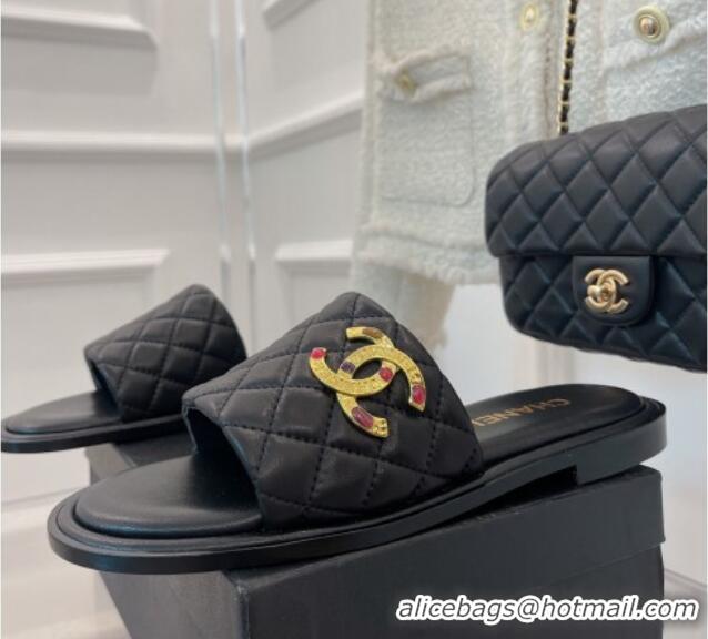 Luxury Chanel Stone CC Lambskin Flat Slide Sandals G38794 Black