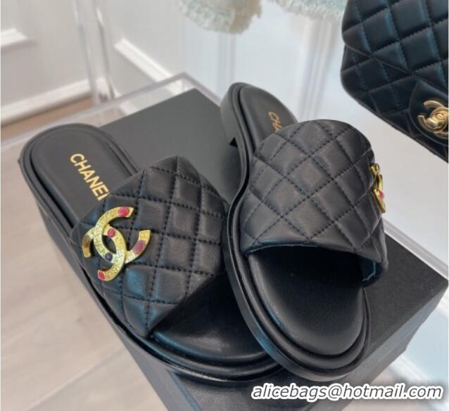 Luxury Chanel Stone CC Lambskin Flat Slide Sandals G38794 Black