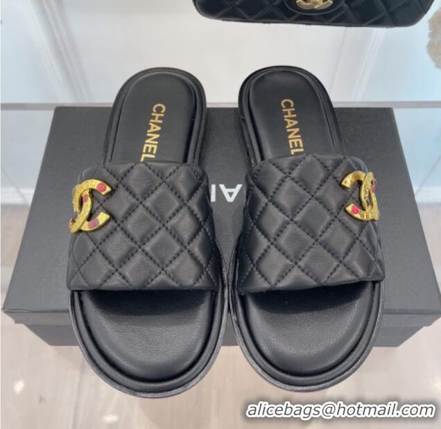 Luxury Chanel Stone CC Lambskin Flat Slide Sandals G38794 Black