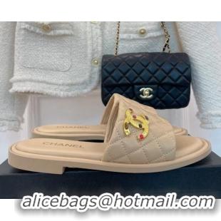 Hot Style Chanel Stone CC Lambskin Flat Slide Sandals G38794 Beige