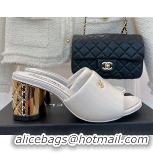 Classic Hot Chanel Lambskin Slide Sandals with 5cm Metal Heel White 070122