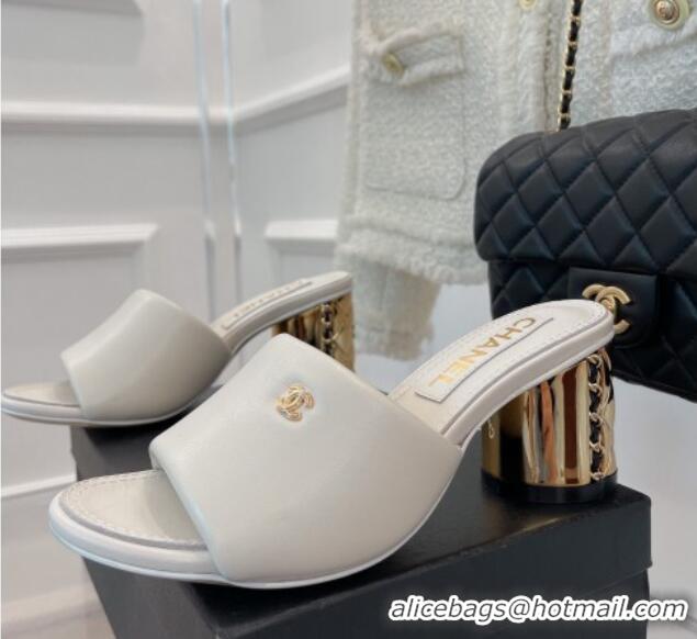 Classic Hot Chanel Lambskin Slide Sandals with 5cm Metal Heel White 070122