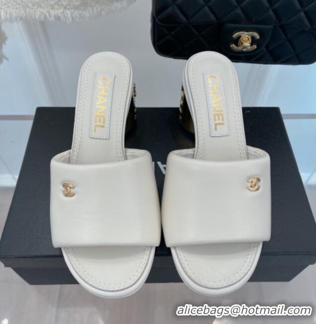 Classic Hot Chanel Lambskin Slide Sandals with 5cm Metal Heel White 070122