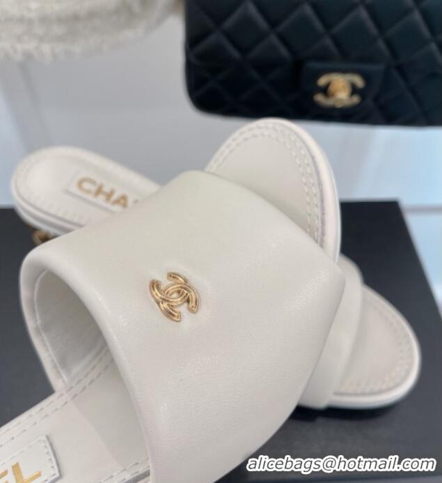 Classic Hot Chanel Lambskin Slide Sandals with 5cm Metal Heel White 070122