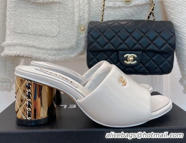 Classic Hot Chanel Lambskin Slide Sandals with 5cm Metal Heel White 070122