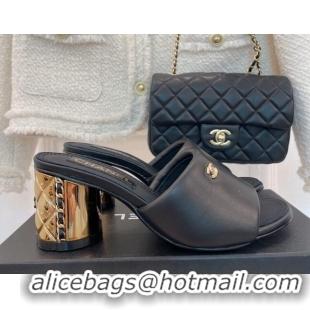 Stylish Chanel Lambskin Slide Sandals with 5cm Metal Heel Black 070123