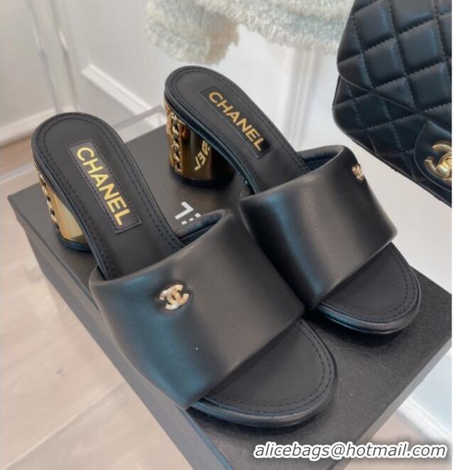 Stylish Chanel Lambskin Slide Sandals with 5cm Metal Heel Black 070123