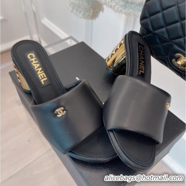 Stylish Chanel Lambskin Slide Sandals with 5cm Metal Heel Black 070123