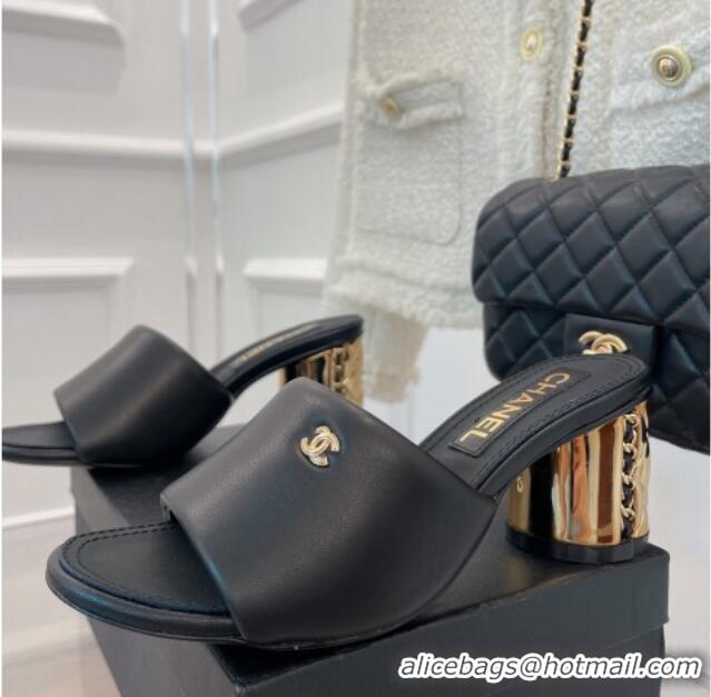 Stylish Chanel Lambskin Slide Sandals with 5cm Metal Heel Black 070123