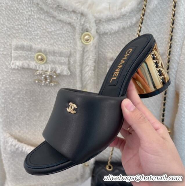 Stylish Chanel Lambskin Slide Sandals with 5cm Metal Heel Black 070123