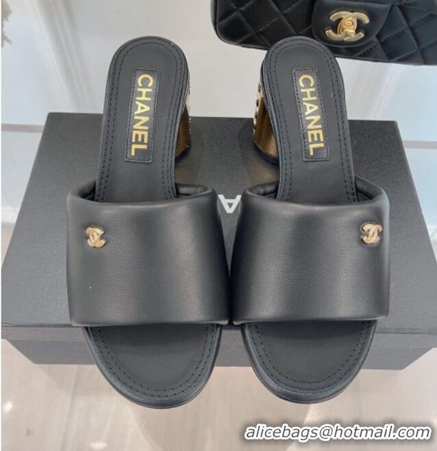 Stylish Chanel Lambskin Slide Sandals with 5cm Metal Heel Black 070123