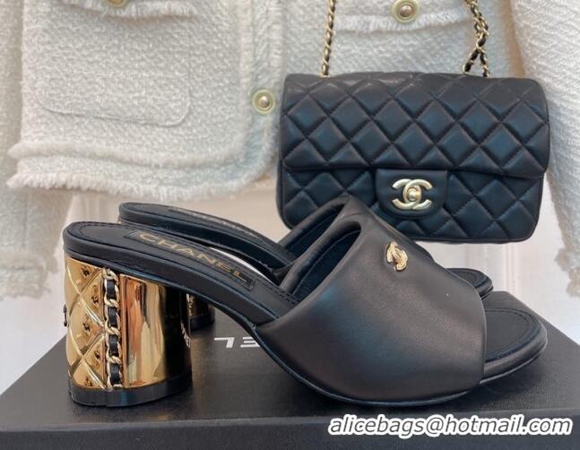 Stylish Chanel Lambskin Slide Sandals with 5cm Metal Heel Black 070123