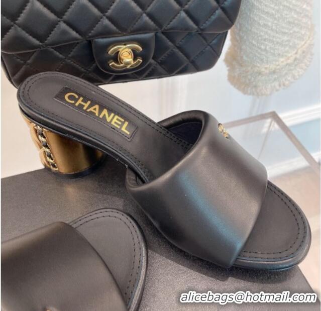 Stylish Chanel Lambskin Slide Sandals with 5cm Metal Heel Black 070123