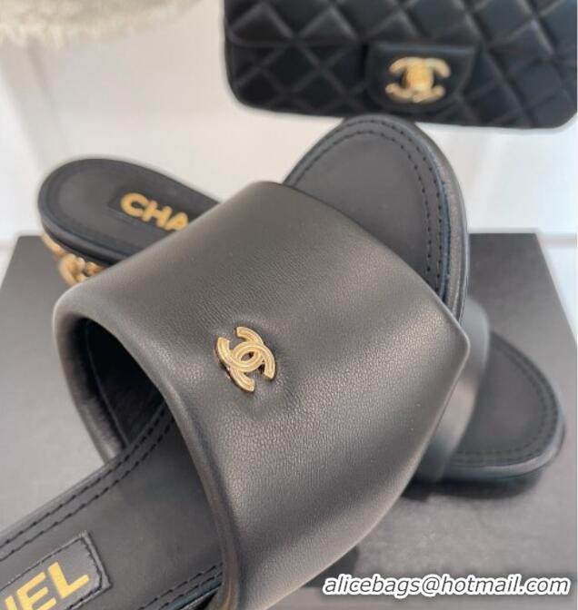 Stylish Chanel Lambskin Slide Sandals with 5cm Metal Heel Black 070123