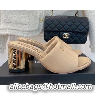 Best Price Chanel Lambskin Slide Sandals with 5cm Metal Heel Beige 070124