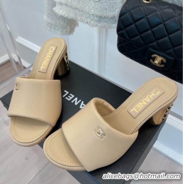 Best Price Chanel Lambskin Slide Sandals with 5cm Metal Heel Beige 070124