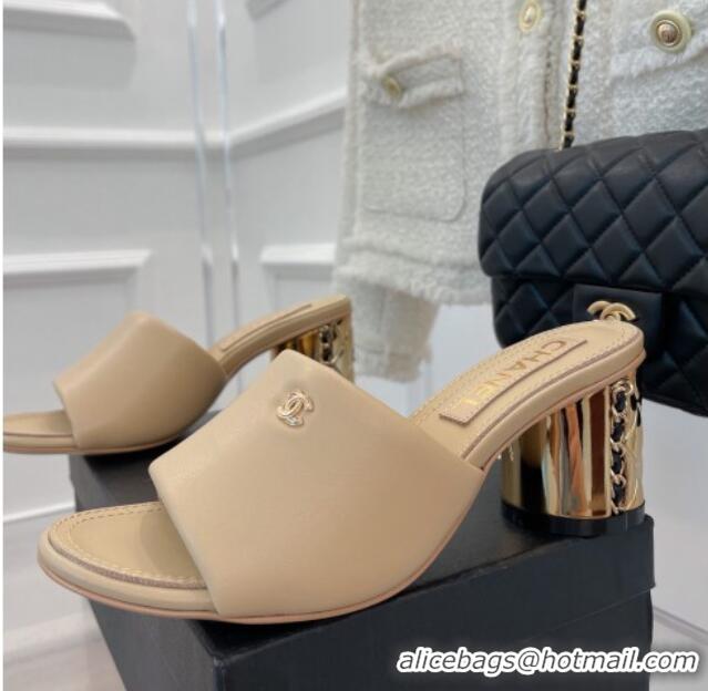 Best Price Chanel Lambskin Slide Sandals with 5cm Metal Heel Beige 070124