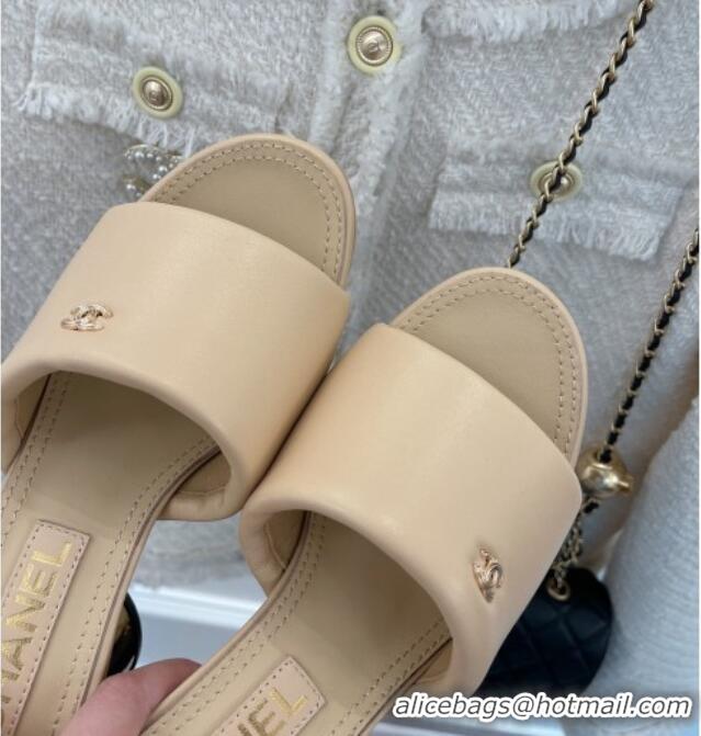 Best Price Chanel Lambskin Slide Sandals with 5cm Metal Heel Beige 070124