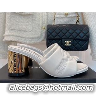 Purchase Chanel CC Lock Lambskin Slide Sandals with 6.5cm Metal Heel White 070125